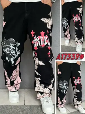 Pantalon homme noir imprimé anges