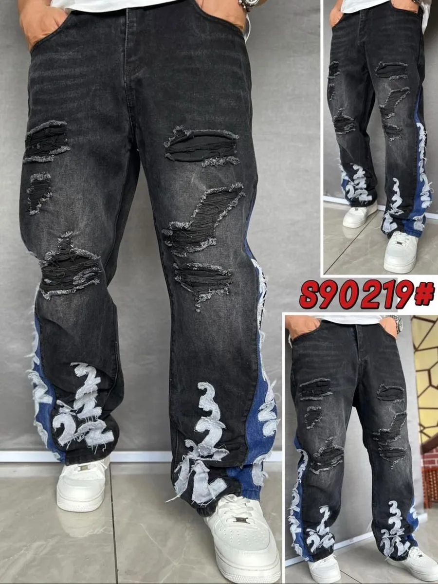 Pantalon jean déchiré graphique noir
