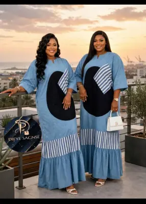 Robe longue femme en denim bleu
