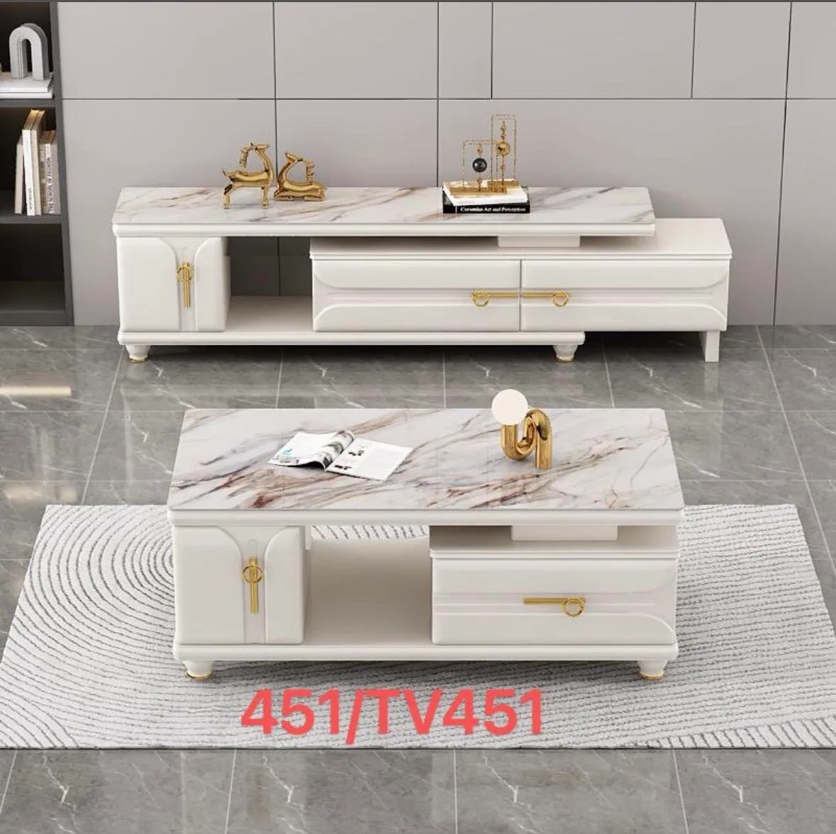 Meuble TV salon blanc et marbre